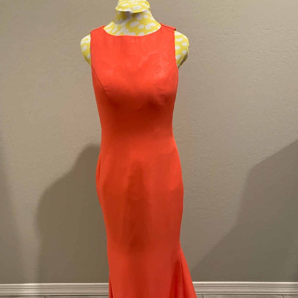 Coral floor length gown with slight train